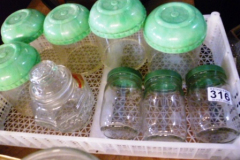 0316-Tray-of-Green-Bakelite-Top-Kitchen-Canisters-etc