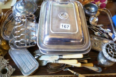 0167-Tray-of-Stainless-Steel-Casseroles-Toast-Rack-Cutlery-etc