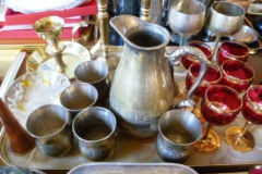 0168-Tray-of-Candlesticks-Glasses-Hunting-Horn-etc