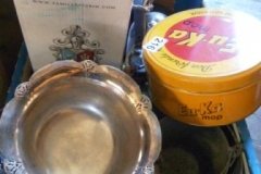 0216-Box-of-Vintage-Tins-Bowls-Carriage-Clock-etc