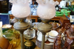 129-Pair-of-Copper-Based-Oil-Lamps-with-Rose-Glass-Shades