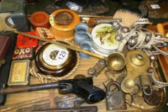129-Tray-with-Old-Tins-Barometer-Travelling-Clock-etc