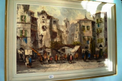 321-Gilt-Framed-Mid-Century-Oil-on-Canvas-by-Pablo-Espana-Village-Scene