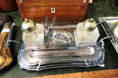 056-Plated-Pen-Stand-with-Glass-Ink-Wells-and-Stag-Figurine-Decor