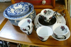 275-Blue-White-Bowls-and-Plates-and-R.-Albert-Masquerade-Tea-Set