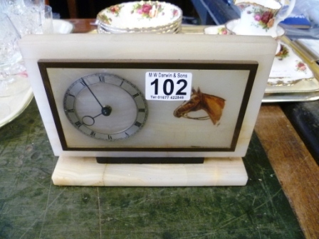 102-Onyx-Cased-Mantle-Clock-with-Horse-Motif