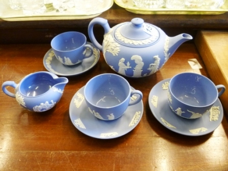 158-Wedgwood-Blue-Jasper-Ware-Teapot-Jug-and-3-Cups-Saucers