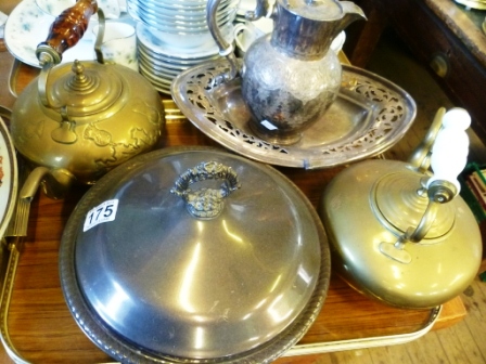 175-Two-Brass-Kettles-Jug-Pierces-Plate-and-Domed-Food-Server