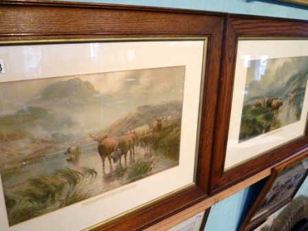 308-Two-Framed-Prints-of-Highland-Cattle-Scenes-Sunset-and-Sunrise