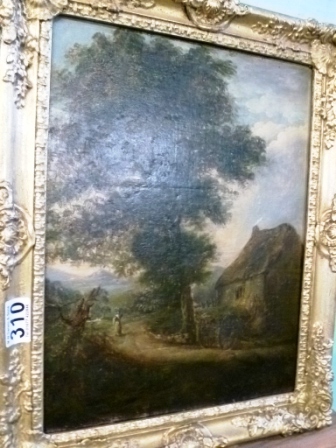 310-Gilt-Framed-Oil-Painting-of-Large-Tree-Beside-Rustic-Building