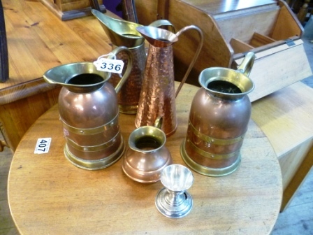 336-Five-Copper-and-Brass-Jugs-plus-an-Egg-Cup