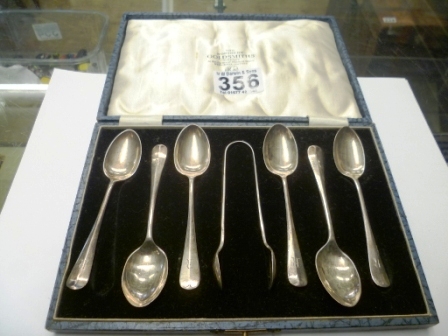 356-Cased-Set-of-6-Silver-Teaspoons-and-Tongs