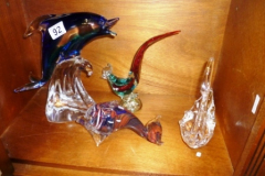 092-Four-Glass-Figurines-Dolphin-Swan-Cockerel-Fish