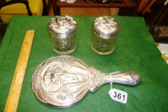 361-Art-Nouveau-Style-Embossed-Silver-Hand-Mirror-with-Pair-of-Glass-Jars-with-Silver-Tops