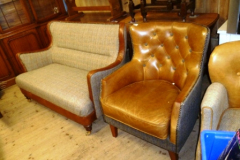 484-Button-Back-Leather-Armchair-and-Beige-Fabric-2-Seat-Settee