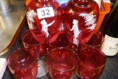 032-2-Etched-Cranberry-Carafes-and-6-Sherry-Glasses
