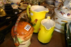 189-Cottage-Biscuit-Barrel-and-2-Cockerel-Jugs