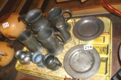 214-Tray-of-Pewter-Tankards-Jugs-Plates-etc