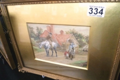 334-Oval-Gilt-Framed-Watercolour-A-Village-Chat-Signed-A-W-Cooper-1906