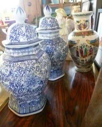 0212-Pair-of-Blue-and-White-Lidded-Jars-and-One-Vase